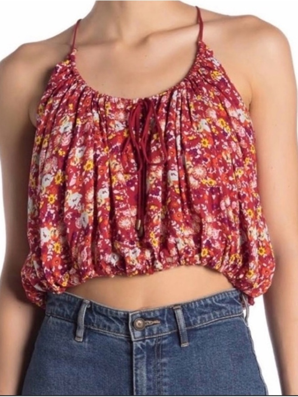 Free People Red Floral Cropped Halter Camisole